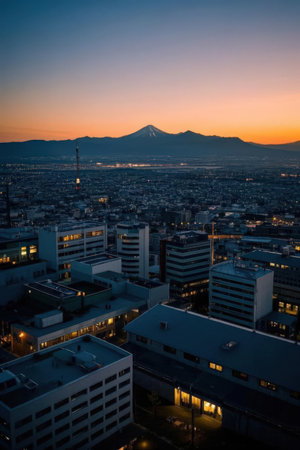 Sunset view of the city of Tokyo with Mt. Fuji in the backgroundの素材