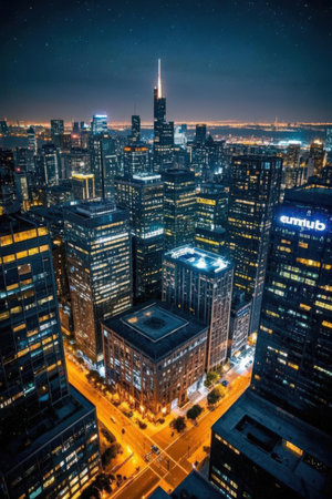Aerial view of Chicago downtown at night, Illinois, USA.の素材
