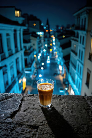 Iced coffee on the terrace at night in Zurich, Switzerlandの素材