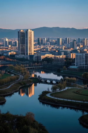 Hangzhou city skyline at sunset, China. Long exposure.の素材