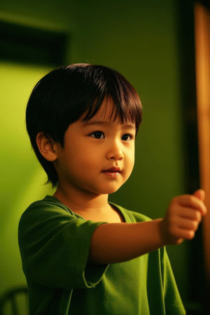 Cute asian little boy looking at the camera in the roomの素材