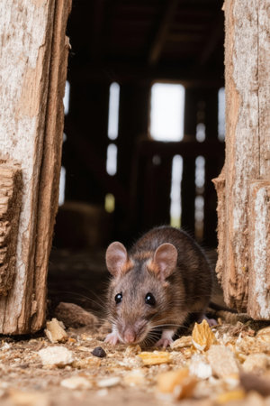 Close up of a brown mouse eating nuts in an old barn.の素材