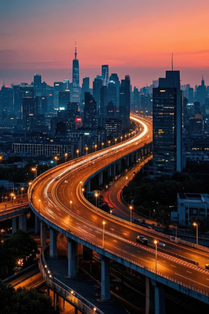 Aerial view of Shanghai Pudong skyline at dusk, China.の素材