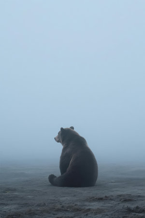 Brown bear sitting on the beach in the morning fog. Scientific name: Ursus arctos.の素材