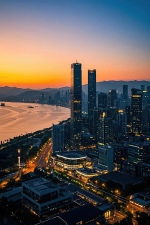 Beautiful architecture building exterior cityscape of hongkong city skyline at sunset timeの素材
