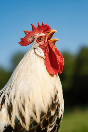Portrait of a rooster with a red comb on a farmの素材