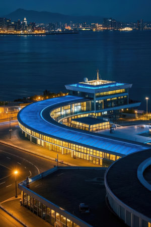 Aerial view of Hong Kong International Airport at night, China.の素材