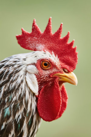 Portrait of a rooster with a red comb on a green backgroundの素材