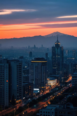 Aerial view of Seoul city skyline at sunset, South Korea.の素材