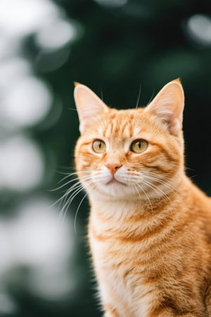 Portrait of a red cat with green eyes on a blurred backgroundの素材