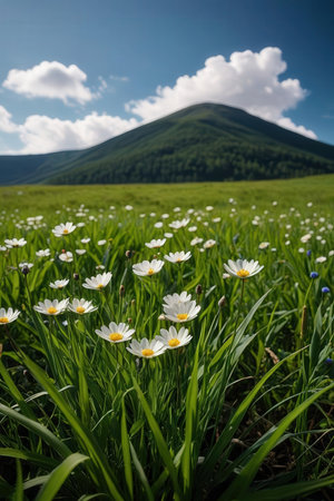 Beautiful spring meadow with blooming flowers. Ukraine, Carpathians.の素材