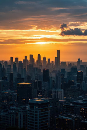 Dramatic sunset over the city of Chicago, Illinois, USAの素材