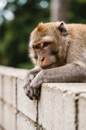Monkey sitting on the wall in the public park. Thailand.の素材