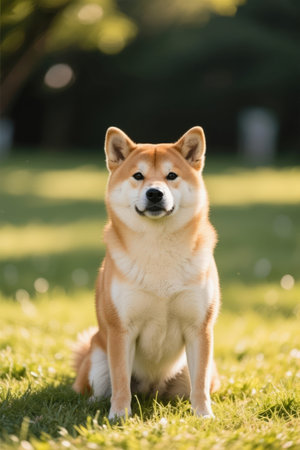 Portrait of a shiba inu dog sitting on the grassの素材