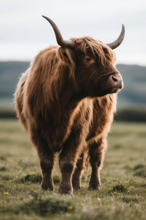 Scottish highland cow in the field, Scotland, UK.の素材