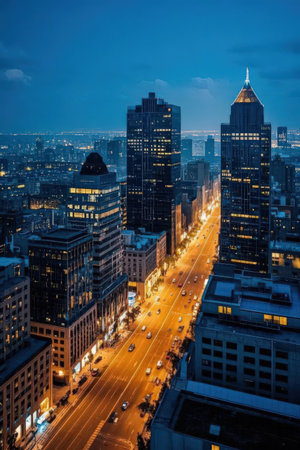 Aerial view of Chicago downtown at dusk, Illinois, USA.の素材