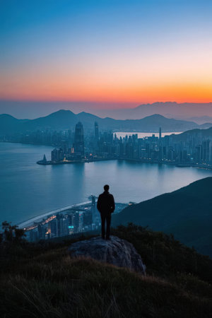 A man standing on the top of a mountain and looking at Hong Kong city.の素材