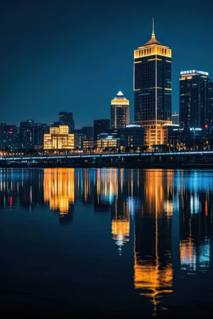Shanghai skyline at night with reflection in Huangpu river,China.の素材