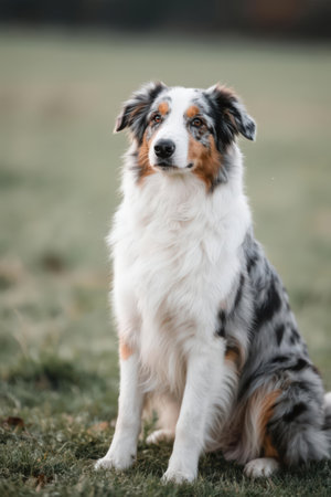 Australian shepherd dog sitting on the grass in the park. Selective focus.の素材