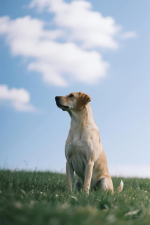 Labrador retriever sitting on the grass with blue sky in backgroundの素材