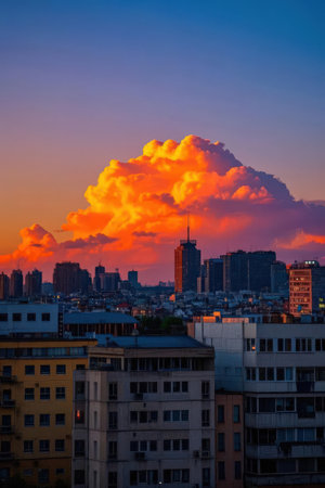 Sunset over the city of Kiev, Ukraine with a cloud in the skyの素材