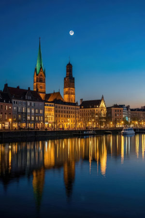 Panoramic view of Gdansk at night, Poland.の素材