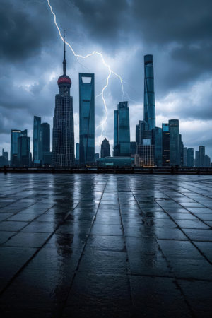Shanghai skyline with thunderstorm in Shanghai,China. ( Filtered image processed vintage effect. )の素材