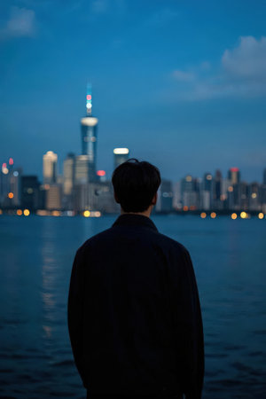 Man looking at Shanghai Pudong skyline at night, China.の素材