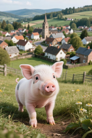 Small pig in the meadow with village in the background, Germanyの素材