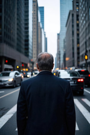 Rear view of a senior businessman walking in the middle of the cityの素材