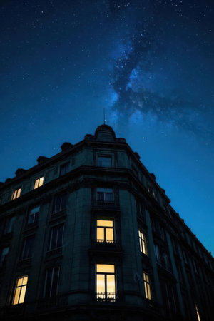 Milky Way over a building at night, Prague, Czech Republicの素材