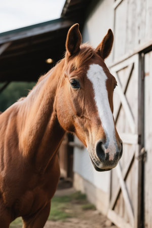 Portrait of a beautiful brown horse in the corral on a sunny dayの素材