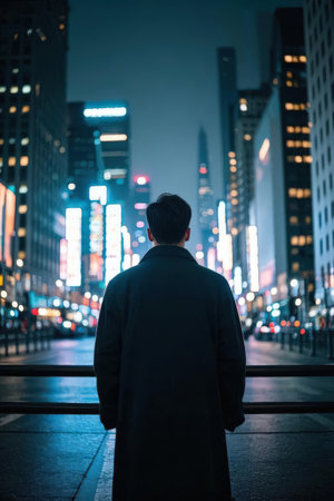 Businessman looking at the city at night in Hong Kong, China.の素材