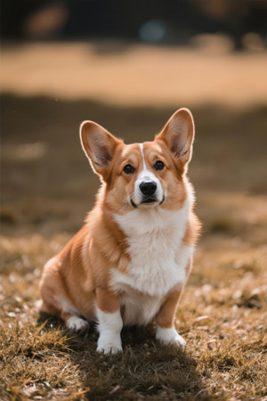 Welsh Corgi Pembroke puppy sitting on the grassの素材