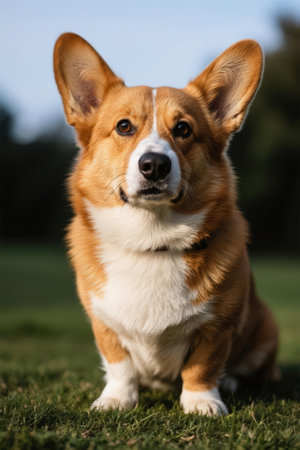 Welsh Corgi Pembroke dog sitting on the grassの素材