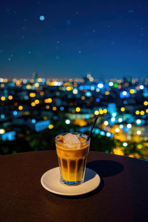 Iced coffee on the table with cityscape background at night.の素材