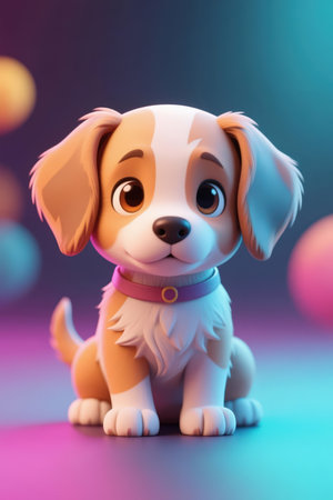 Cute cartoon dog on a colorful background. 3d rendering.の素材