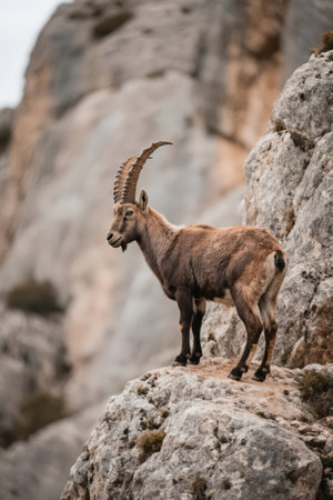 Barbary sheep (Capra ibex) standing on a rockの素材