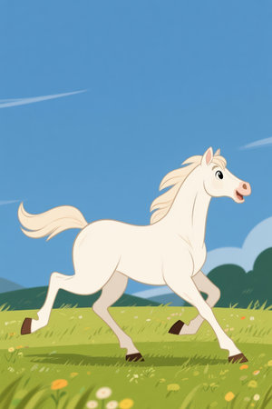 White horse running on green meadow with flowers. Vector illustration.の素材
