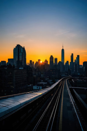 New York City, USA downtown skyline with train tracks at sunset.の素材