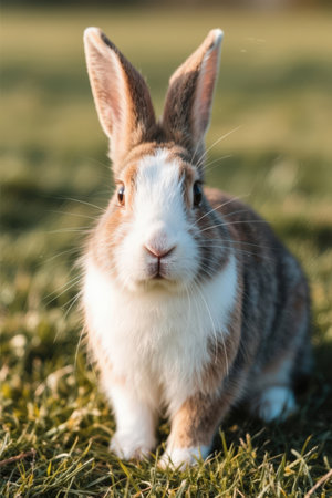 Cute rabbit sitting on the grass in the garden. Selective focus.の素材