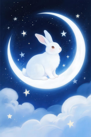 Cute white rabbit sitting on the moon in the night sky.の素材