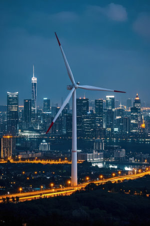 Wind turbine power generator with cityscape in the background at night timeの素材