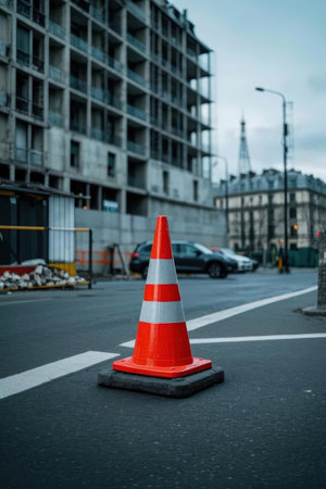 Traffic cone on the street in Berlin, Germany. Copy spaceの素材
