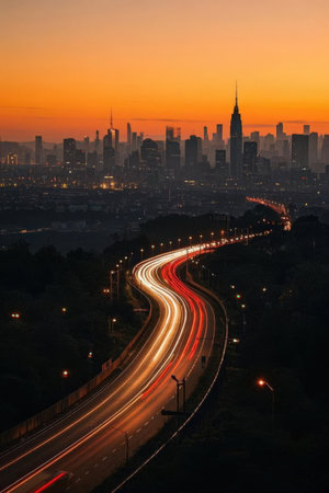 Aerial view of Shanghai skyline at dusk, China. Long exposure.の素材