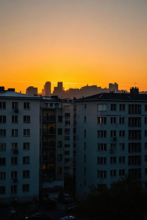 Sunset in the city, Moscow, Russia. Sunset over the city.の素材