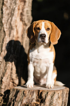 Portrait of a cute beagle dog sitting on a tree trunkの素材