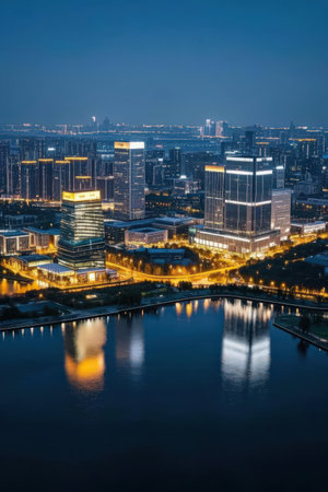 Aerial view of Suzhou city at night, Jiangsu Province, Chinaの素材