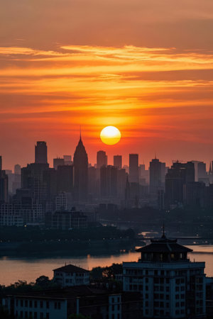 Beautiful sunset over the city with skyscrapers in Shanghai, Chinaの素材