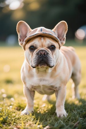 French bulldog in a hat standing on the grass and looking at the cameraの素材